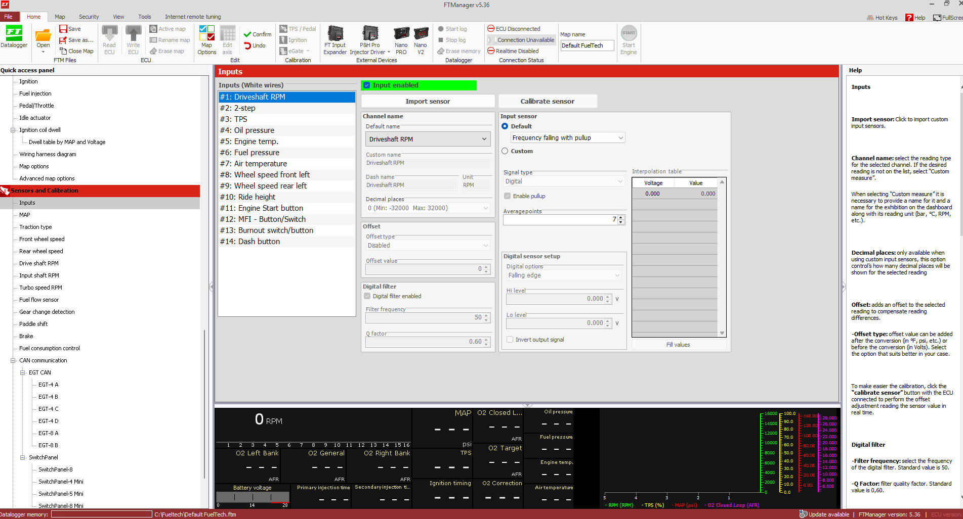 FT Manager Driveshaft RPM Input Configuration
